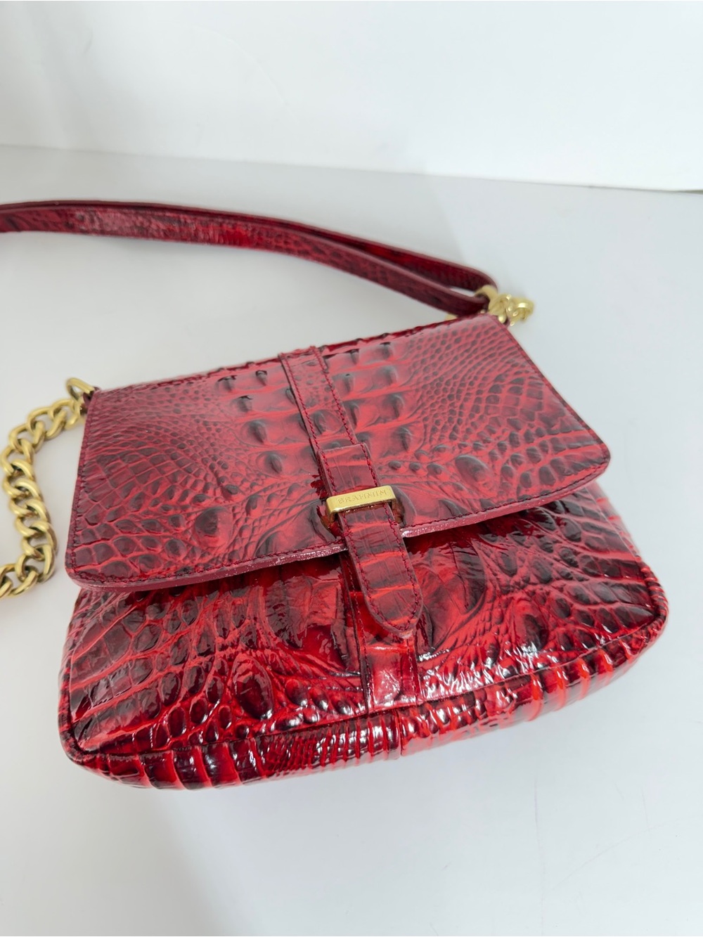 Vtg Brahmin Women's Shoulder Bag Red Croc Embossed Leather Small Gold Chain Lux - Picture 4 of 15